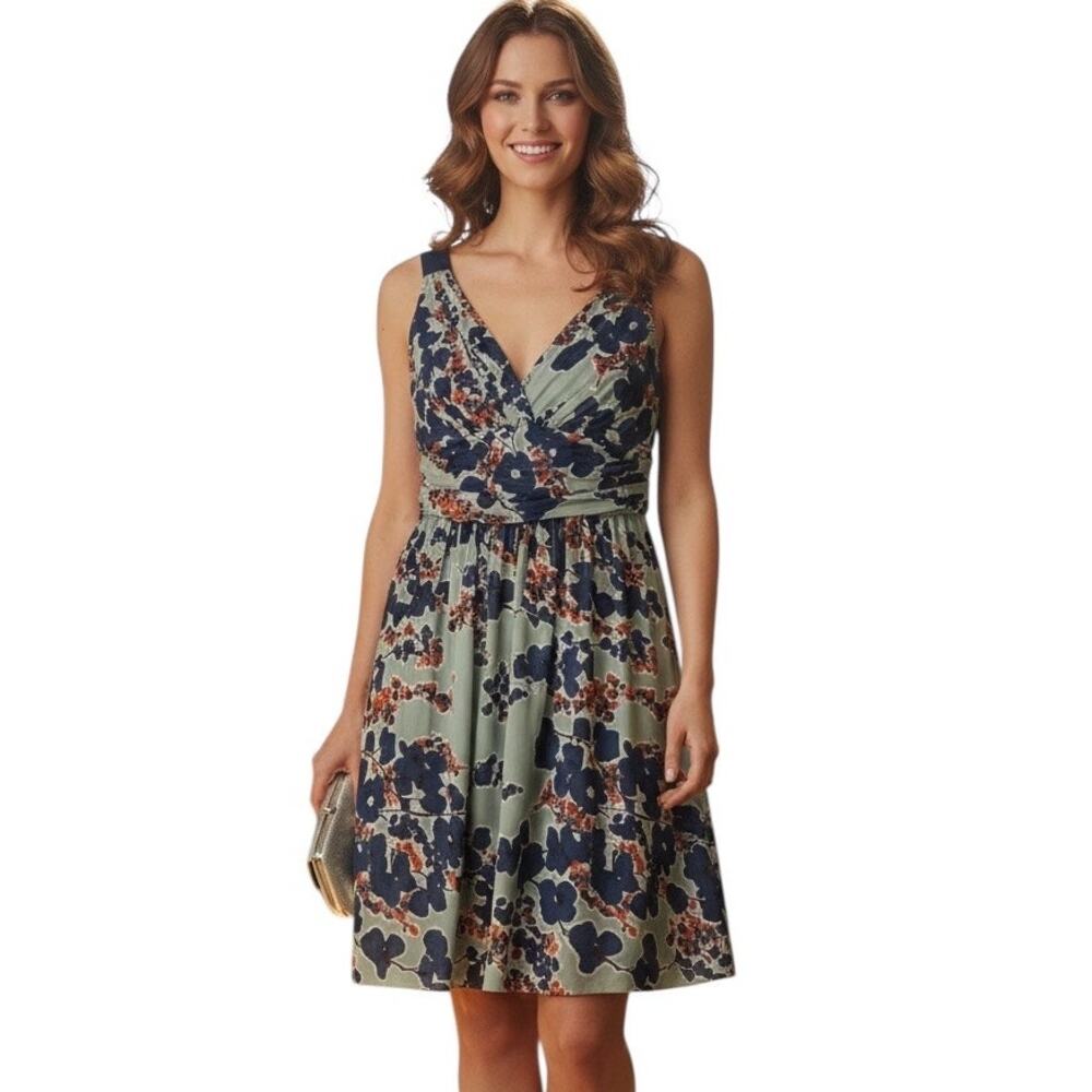 Watters & Watters Silk Cotton Voile Floral V-Neck Dress Size 10 Venic Navy NWT
